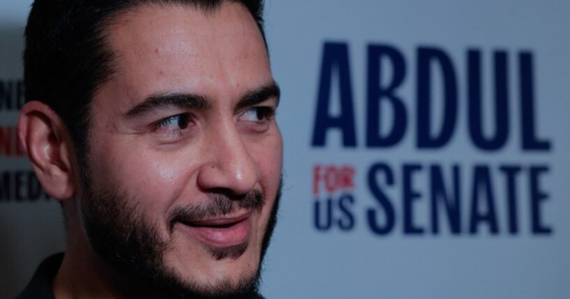 Democratic Senate candidate Abdul El-Sayed speaks to journalists at a campaign event in Ionia, Michigan, on Oct. 11, 2026.