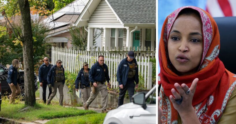 Homeland Security Investigations police search the Washington, D.C., home of Rep. Ilhan Omar, a Minnesota Democrat, Monday.