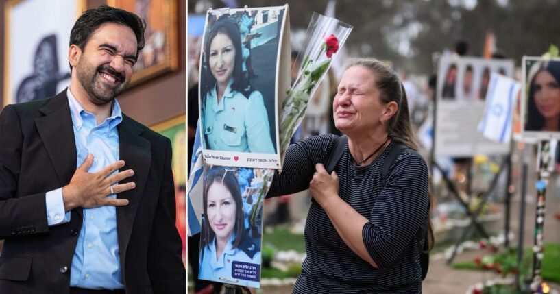 New York City Mayor Zohran Mamdani, left, showed far more concern for the plight of Palestinians than for the Israelis, right, mourning those slaughtered by Hamas on Oct. 7, 2023.