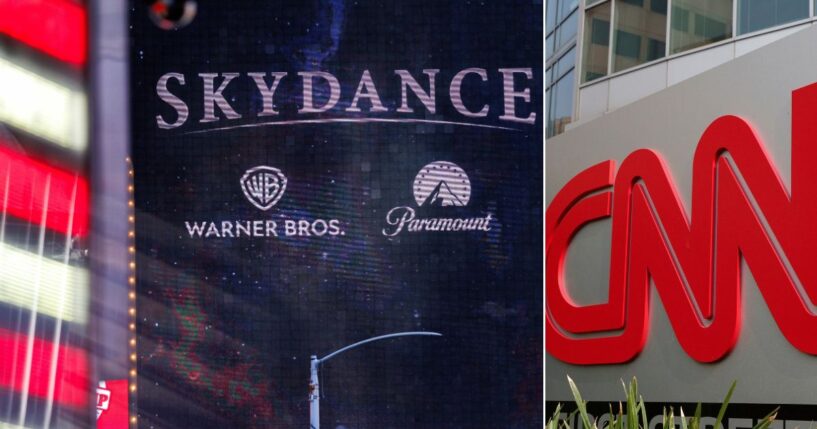 A Skydance billboard, left, is seen Tuesday outside of Paramount Global headquarters in Times Square in New York City. CNN was part of Paramount's $110 billion acquisition of Warner Bros. Discovery.