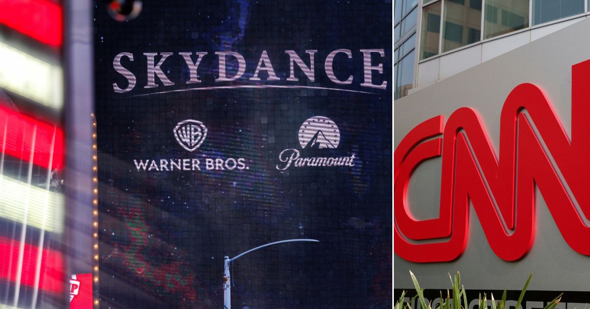 A Skydance billboard, left, is seen Tuesday outside of Paramount Global headquarters in Times Square in New York City. CNN was part of Paramount's $110 billion acquisition of Warner Bros. Discovery.