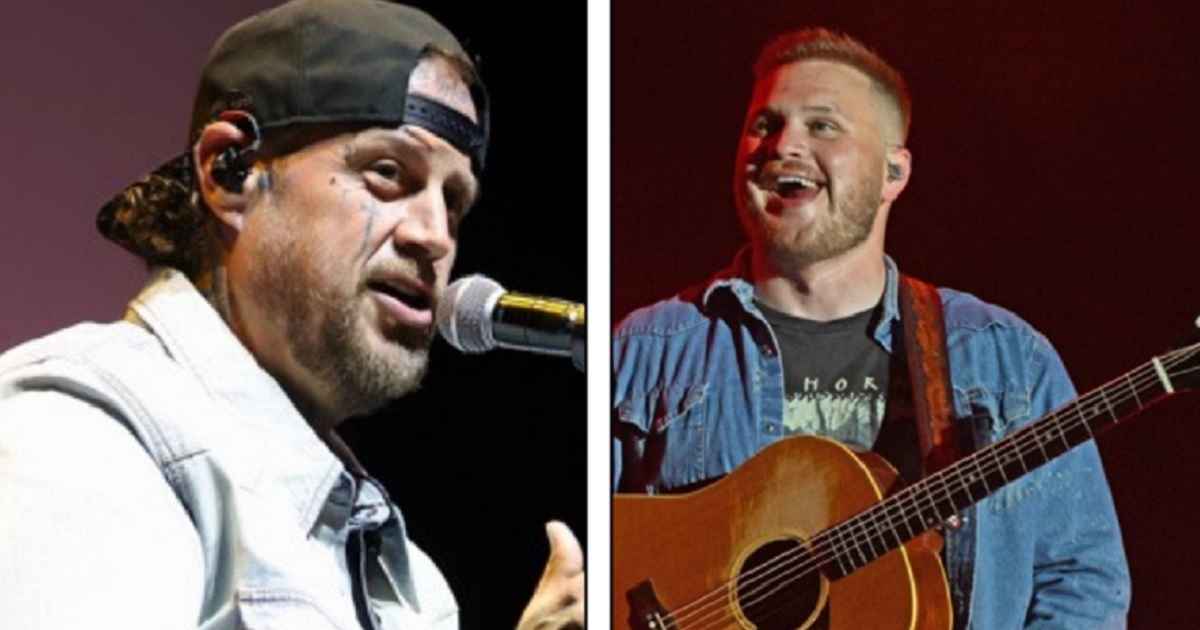 Country music star Jelly Roll, left, performs onstage during a Country Music Hall of Fame and Museum benfit in Los Angeles. Right: Country star Zach Bryan pictured at a concert in Louisville, Kentucky, in April.