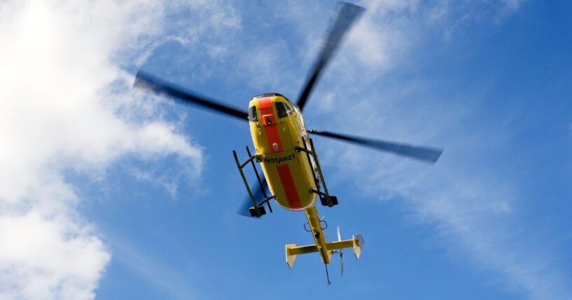 A medical helicopter, similar to that seen in a stock photo, crashed off the California coast. One occupant is missing, two were confirmed dead, and two were hospitalized.