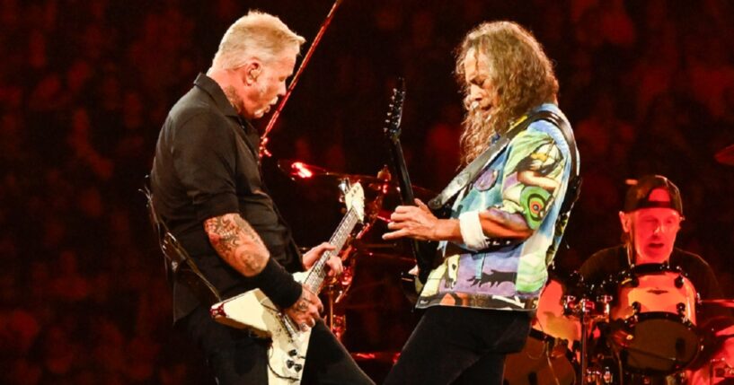 James Hetfield of Metallica, left, pictured jamming with lead guitarist Kirk Hammett in an August 2024 performance at Gillette Stadium in Foxborough, Massachusetts.